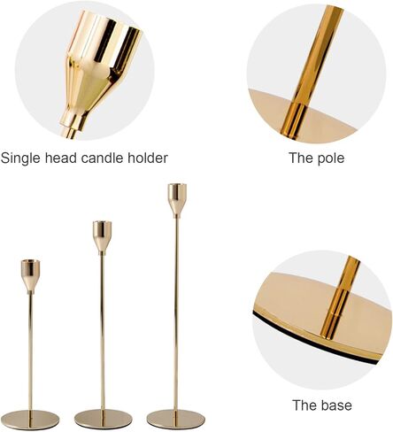 حامل شمعدان ذهبي من MrMrMrKura، حامل شموع مدبب، مجموعة حامل شموع طويلة مكونة من 3 قطع للشموع الطويلة، شمعدان ديكور لحفلات الزفاف والحفلات وديكور المنزل (ذهبي) in Kuwait