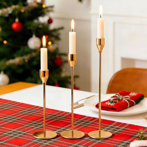 حامل شمعدان ذهبي من MrMrMrKura، حامل شموع مدبب، مجموعة حامل شموع طويلة مكونة من 3 قطع للشموع الطويلة، شمعدان ديكور لحفلات الزفاف والحفلات وديكور المنزل (ذهبي) in Kuwait