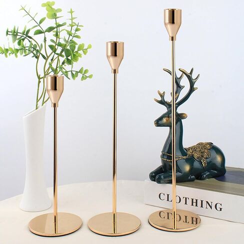 حامل شمعدان ذهبي من MrMrMrKura، حامل شموع مدبب، مجموعة حامل شموع طويلة مكونة من 3 قطع للشموع الطويلة، شمعدان ديكور لحفلات الزفاف والحفلات وديكور المنزل (ذهبي) in Kuwait