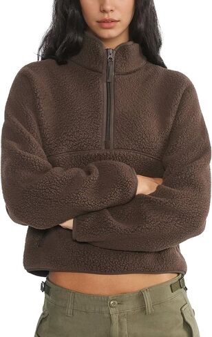 Womens Fleece Sweatshirts Cropped Half Zip Sherpa Pullover Fuzzy Warm Winter Jackets with Zipper Pockets in Saudi Arabia