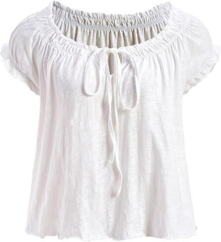 Women's Summer Tie Front Crop Tops Y2k Puff Sleeve Scoop Neck Loose Cute Blouses in Saudi Arabia