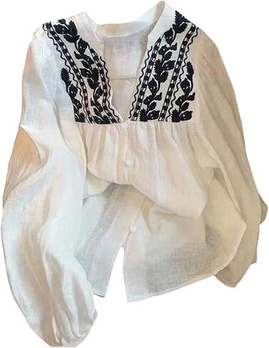 GORGLITTER Women's Boho Peasant Blouses Embroidered Tops Sheer Long Sleeve Button Up Shirts Casual Going Out Outfits in Saudi Arabia