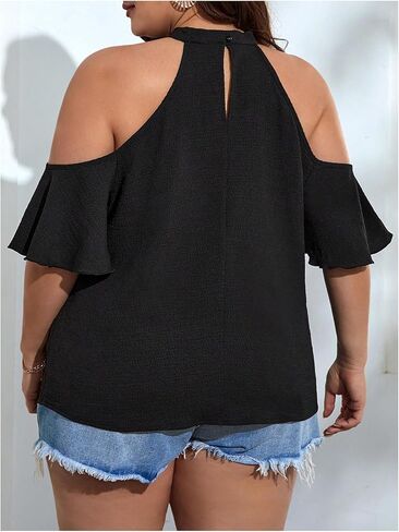 OYOANGLE Women's Plus Size Cold Shoulder Halter Blouse Cut Out Ruffle Half Sleeve Shirt Tops in Saudi Arabia