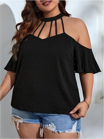 OYOANGLE Women's Plus Size Cold Shoulder Halter Blouse Cut Out Ruffle Half Sleeve Shirt Tops in Saudi Arabia