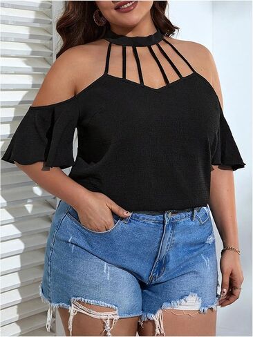 OYOANGLE Women's Plus Size Cold Shoulder Halter Blouse Cut Out Ruffle Half Sleeve Shirt Tops in Saudi Arabia