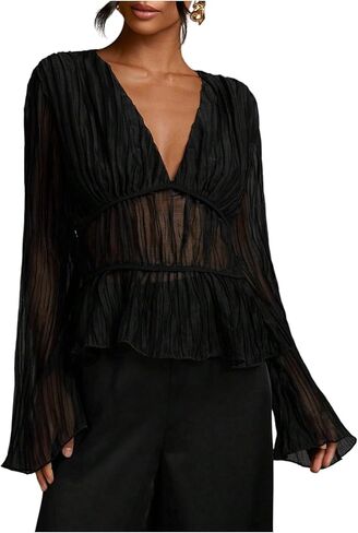 SHENHE Women's Bell Long Sleeve Deep V Neck Ruffle Hem Mesh Blouse Dressy Going Out Plissed Shirt in Saudi Arabia