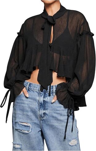 GORGLITTER Women's Ruffle Chiffon Top Tie Neck Flounce Long Sleeve Cropped Blouse Shirt in Saudi Arabia