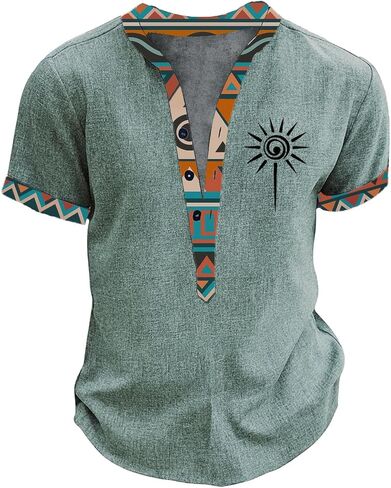 Men's V Neck T Shirts Casual Summer Shirt Short Sleeve Floral Banded Collar Button Down Fashion Beach Tee in Kuwait