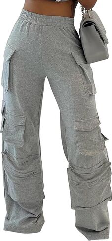 بنطلون رياضي كارجو نسائي فضفاض بقصة ضيقة مع جيوب، بنطلون صالة عالي الخصر in Kuwait