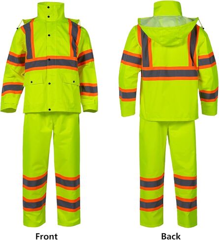 بدلة مطر آمنة من الدرجة 3 سترة وسروال عمل مقاوم للماء مع غطاء قابل للطي، بدلات مطر Hi Vis للرجال in Kuwait