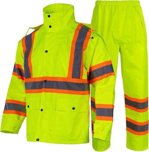 Class 3 Safety Rain Suit Waterproof Work Jacket & Pants with Collapsible Hood, Hi Vis Rain Suits for Men in Saudi Arabia