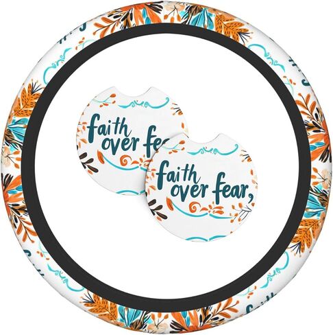 مجموعة تزيين غطاء عجلة القيادة من Faith Over Fear مكونة من 3 قطع مع قاعدتين، مجموعة داخلية مريحة وغير قابلة للانزلاق للسيارة - تناسب غطاء عجلات القيادة مقاس 14.5-15 بوصة للسيارات وسيارات الدفع الرباعي والشاحنات in Kuwait
