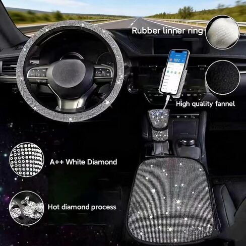 Universal 15-inch Steering Wheel Cover, Rhinestone Center Console Cover, Sparkling Gear Shift Cover, Gold car Phone Holder, 4-Piece Crystal car Decoration Set (White) in Saudi Arabia