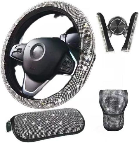 Universal 15-inch Steering Wheel Cover, Rhinestone Center Console Cover, Sparkling Gear Shift Cover, Gold car Phone Holder, 4-Piece Crystal car Decoration Set (White) in Saudi Arabia
