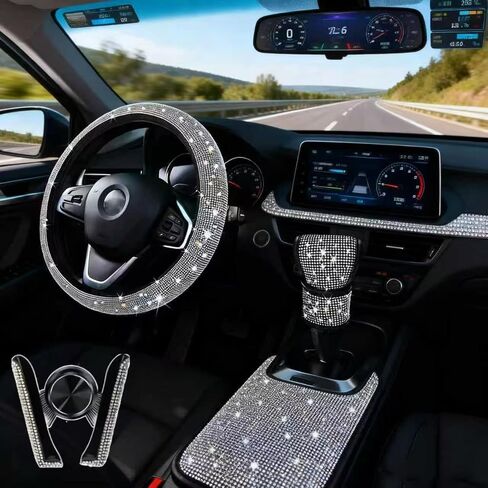Universal 15-inch Steering Wheel Cover, Rhinestone Center Console Cover, Sparkling Gear Shift Cover, Gold car Phone Holder, 4-Piece Crystal car Decoration Set (White) in Saudi Arabia