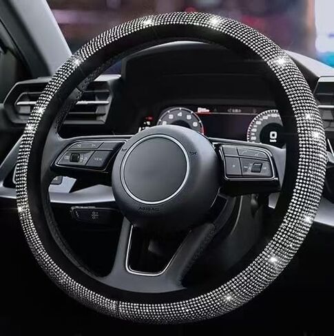 Universal 15-inch Steering Wheel Cover, Rhinestone Center Console Cover, Sparkling Gear Shift Cover, Gold car Phone Holder, 4-Piece Crystal car Decoration Set (White) in Saudi Arabia