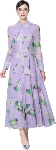 LAI MENG FIVE CATS Women's Floral Print Flowy Casual Button Up Split Maxi Dress with Belt in Saudi Arabia