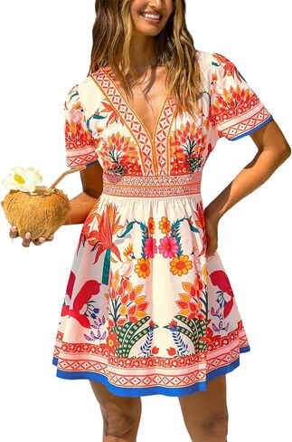 CUPSHE Women's Summer Dresses Tropical Resort Outfits V Neck Short Sleeve Smocked Boho Mini Dress in Saudi Arabia