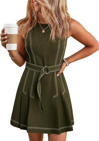Wenrine Womens Summer Sleeveless Mini Dress Casual Crewneck Tie Waist A Line Trendy Tank Dresses with Pockets in Saudi Arabia