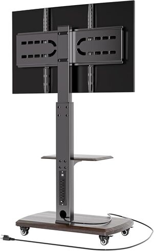 Rolling TV Stand with Power Outlet, Moveable TV Cart with Shelf for 32 to 80 inch TVs up to 131lbs, Height Adjustable, Portable Mobile TV Stand on Wheels for Living Room, Bedroom, Office, Brown in Kuwait