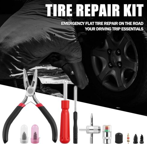 Flat Tire Plug Kit,Self-Service 2-Size Tire Repair Rubber Nail Kit Includes Tires Pressure Monitor/Repair Screws/Pliers/Screwdrivers,Flat Tires Repairs Kits for Vacuum Tubeless in Saudi Arabia