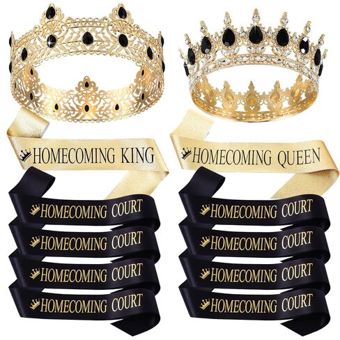 Saintrygo 12 Pcs Homecoming Crowns and Sashes Set Homecoming King Queen Crystal Tiara Court Shiny Sash for Homecoming Party (Gold, Green,Shiny) in Kuwait