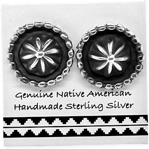 Genuine Sterling Silver Stud Earrings, Authentic Native American Handmade in New Mexico, USA, Post Stud, Small Round Jewelry for Women and Girls, Nickel Free, Oxidized Vintage Antique Finish in Saudi Arabia