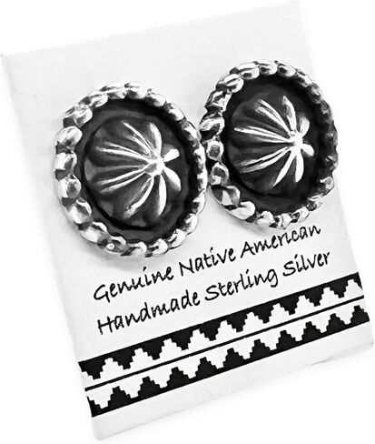 Genuine Sterling Silver Stud Earrings, Authentic Native American Handmade in New Mexico, USA, Post Stud, Small Round Jewelry for Women and Girls, Nickel Free, Oxidized Vintage Antique Finish in Saudi Arabia