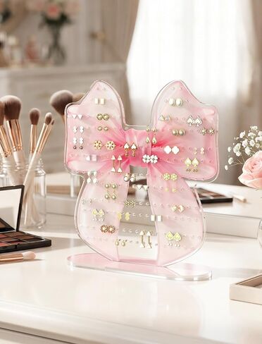 NiHome Pink Bow Acrylic Earring Holder Stand – 202 Holes Organizer for 80-101 Pairs, Jewelry Display Rack with Printed Bow Design, Preppy Room Decor, Bow Decor, Anti-Slip Pads & Glue Accessories in Saudi Arabia