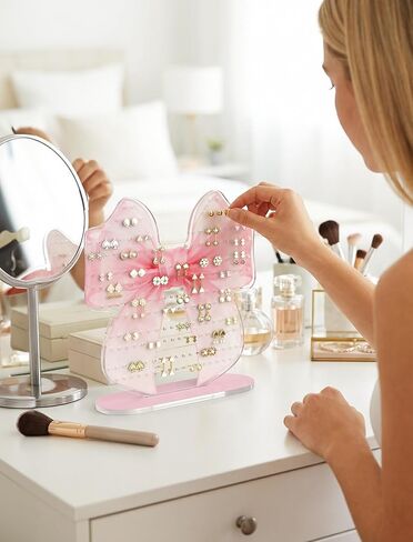 NiHome Pink Bow Acrylic Earring Holder Stand – 202 Holes Organizer for 80-101 Pairs, Jewelry Display Rack with Printed Bow Design, Preppy Room Decor, Bow Decor, Anti-Slip Pads & Glue Accessories in Saudi Arabia