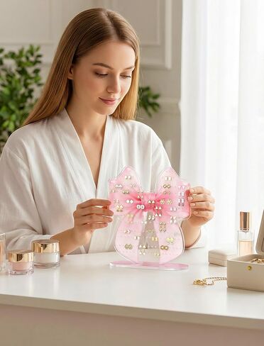 NiHome Pink Bow Acrylic Earring Holder Stand – 202 Holes Organizer for 80-101 Pairs, Jewelry Display Rack with Printed Bow Design, Preppy Room Decor, Bow Decor, Anti-Slip Pads & Glue Accessories in Saudi Arabia
