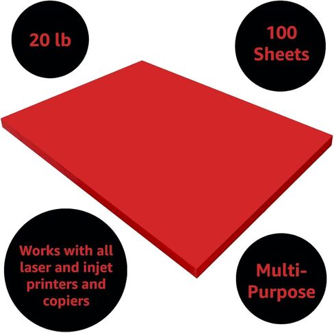 حزمة ورق سندات ملونة من UOFFICE مقاس 8.5 بوصة × 11 بوصة، 20 رطل، 100 صفحة (أحمر) in Kuwait