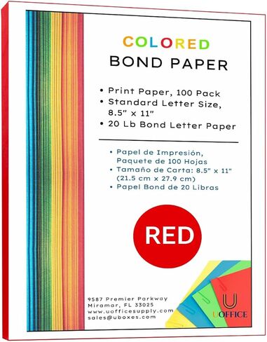 حزمة ورق سندات ملونة من UOFFICE مقاس 8.5 بوصة × 11 بوصة، 20 رطل، 100 صفحة (أحمر) in Kuwait