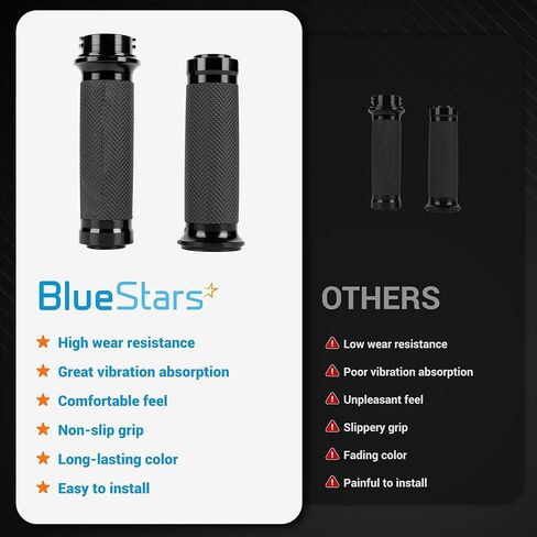 مقابض مقود الدراجة النارية BlueStars مقاس 1 بوصة 25 مم باللون الأسود، مطاط متين غير قابل للانزلاق، خانق كابل مناسب لنماذج Sportster 883 1200 Dyna Softail Touring in Saudi Arabia