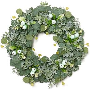 KHOYIME 18 '' إكليل الأوكالبتوس الاصطناعي للباب الأمامي، إكليل الخضرة للربيع والصيف مع التوت داخلي وخارجي ديكور المنزل مزرعة الشرفة جدار نافذة الزفاف جميع المواسم شنقا الديكور in Kuwait