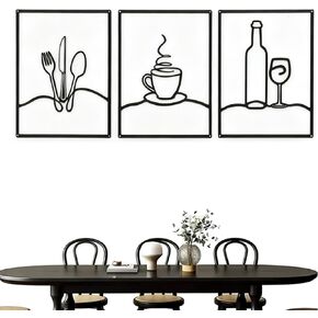 Masney 3 PCS Metal Minimalist Line Kitchen Signs Wall Art - Rustic Kitchen Wall Decor Black for Kitchen Dining Living Room Home, 14 x 11 Inches - Housewarming Gifts in Kuwait