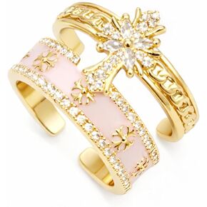 Vintage Cross & Iris Flower Ring Set for Women, 2PCS 22K Gold Plated Enamel Band with Cubic Zirconia, Elegant Stackable Statement Rings for Daily Wear and Gift Giving in Saudi Arabia