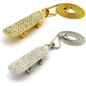 Gold Silver Plated Iced CZ Skateboard Pendant & 2mm 18" 20" 24" Box Chain Hip Hop Jewelry Necklace in Kuwait