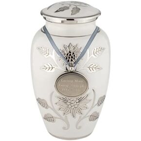 Custom Engraved Grace White Cremation Urn for Ashes, Brass, White and Silver Urn, Adult Sized Cremation Urn, 10.5 Inches High in Kuwait