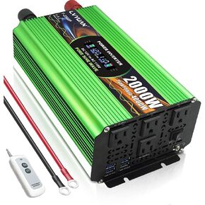 عاكس طاقة موجة جيبية نقية 3000 وات من LVYUAN، عاكس تيار مستمر 12 فولت إلى 110 فولت مع كابلين بطارية AWG، لوحة شاشة تحكم عن بعد وLCD، 4 منافذ تيار متردد، 5 فولت/3.1 أمبير USB، 20 واط USB C، 6000 واط زيادة لمركبة RV، شاحنة، خارج الشبكة in Kuwait