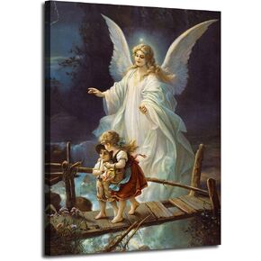 Guardian Angel Wall Art Angel Protecting Children on Bridge Wall Decor Framed Canvas Print Picture Guardian Angel Poster HD Painting for Gift Room Home Ready to Hang(12''Wx16''H) in Kuwait