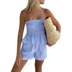 Thopavenoir المرأة الصيف عادية مجموعة 2 قطعة صالة منامة مجموعة أكمام Shirred العصابة صديرية دائرية السراويل عطلة بحر in Kuwait