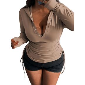 LovelyWholesale Womens Ruched Tops Sexy V Neck Hoodies Slim Fit Long Sleeve Pullover Shirts in Kuwait