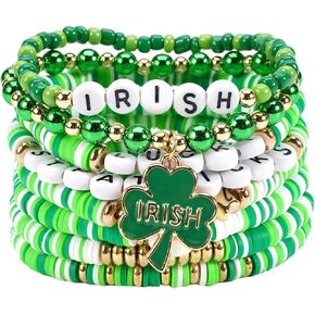 COLORFUL BLING Holiday Surfer Heishi St. Patrick's Day Bracelets Green Lucky Clover Hat Heart Charm Bracelet Cute Irish Shamrock Stackable Clay Beaded Stretch Bracelets for Women Men in Kuwait