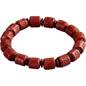 Cinnabar Mantra Bracelet for Men, Engraved Six-Syllable Barrel Beads, Feng Shui Spiritual Jewelry for Protection & Good Luck in Kuwait