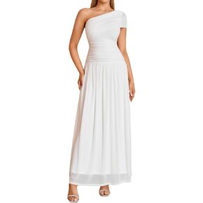 XinFSh Women's One Shoulder Wedding Guest Maxi Dress Ruched Flowy A Line Mesh Long Formal Cocktail Prom Dresses in Kuwait