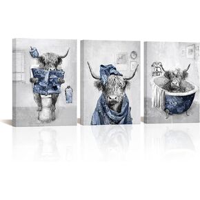 sechars Blue and Grey Bathroom Decor Funny Highland Cow Wall Art Cattle Paintings Apartment Bathroom Hotel Decorations (Blue) in Kuwait
