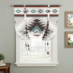 Turquoise Gray Boho Tie Up Curtains for Window, Southwestern Ethnic Geometric Thermal Insulated Balloon Shade Adjustable Rod Pocket Curtains Valance Panels for Kitchen Bathroom Café 42'' x 45'' in Saudi Arabia