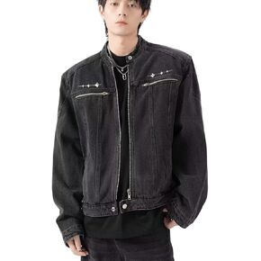 MLAFE Y2K Mens Jeans Jacket, Harajuku Style Vintage Washed Trucker Jacket, Stand Collar Zip Up Retro Coat Streetwear Fashion in Kuwait