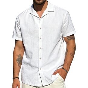 Mens Cotton Linen Shirt Casual Lightweight Button Down Shirt Short Sleeve Summer Beach Vacation Tops in Kuwait